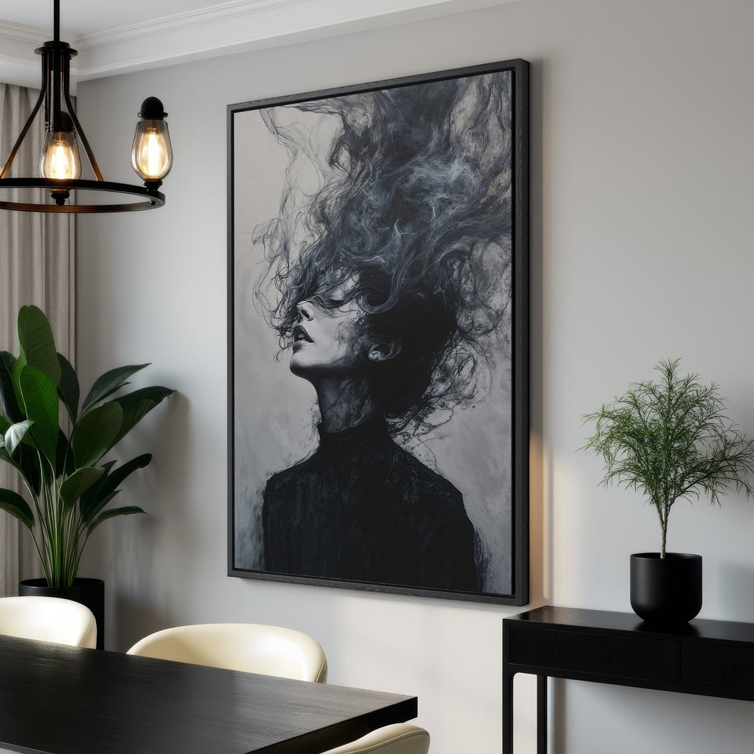 Framed Wall Art featuring a woman with flowing hair in a monochrome palette. Modern abstract art for your home decor, perfect for a minimalist style.