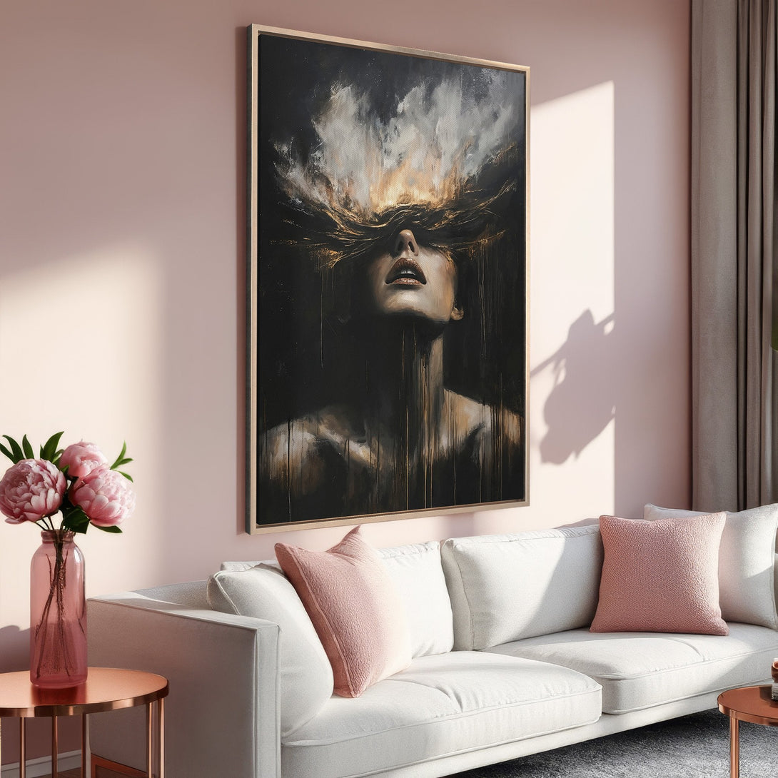 Framed Wall Art: Abstract portrait in a moody, dark style. Featuring a woman with a black and gold color palette, displayed in a modern living room.