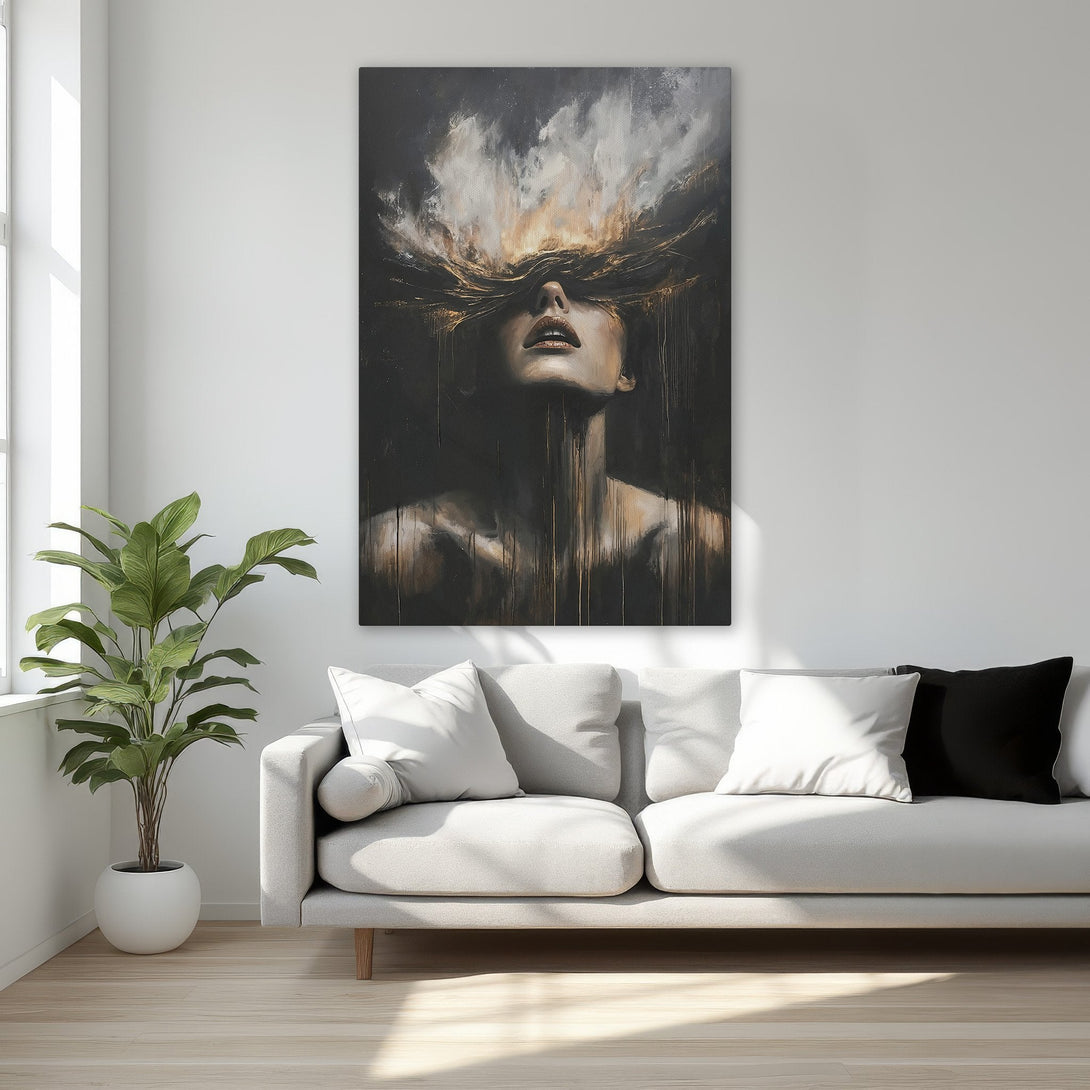 Framed Wall Art: Abstract portrait in dark, gold, and white tones. Dramatic artwork for bedroom decor. Enhance your space with this stunning canvas print!