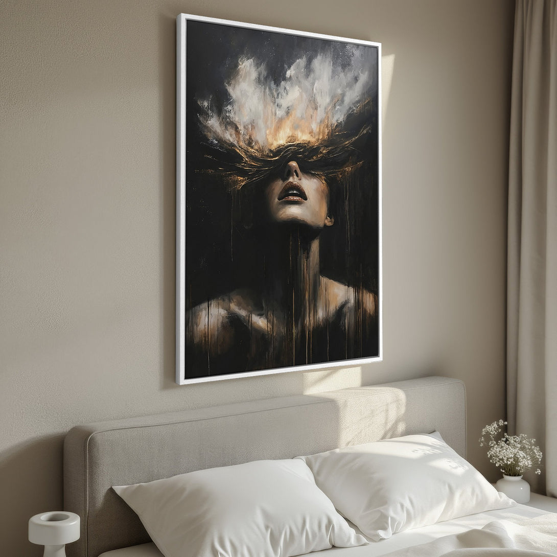 Framed Wall Art: Abstract portrait canvas print in dark, gold & neutral tones. Elevate your space with this stunning piece of modern art. Shop now!