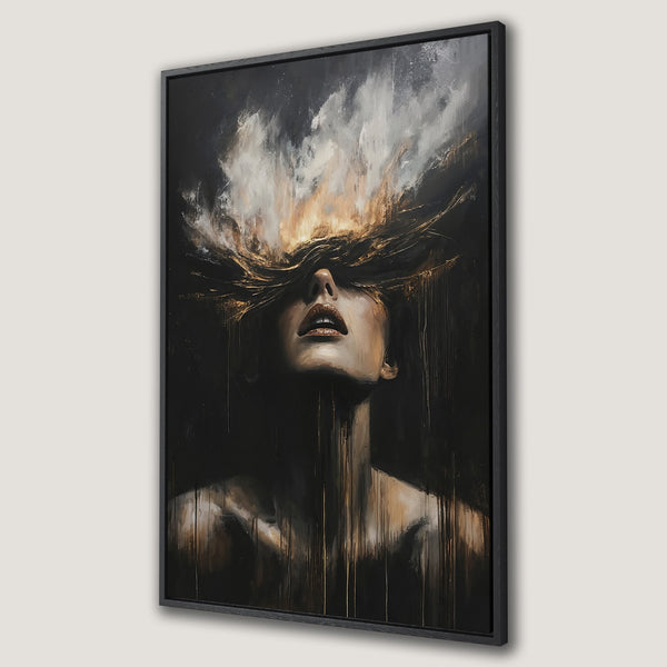 Framed Wall Art: Abstract portrait in dark, moody tones. Canvas Print features a woman with flowing hair, gold & black palette, perfect for modern decor.