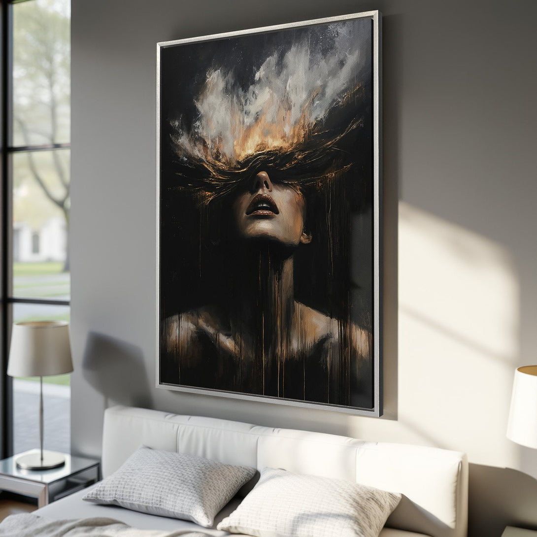 Framed Wall Art: Abstract portrait canvas print in dark tones with gold accents. Perfect for adding a touch of modern art to your bedroom.