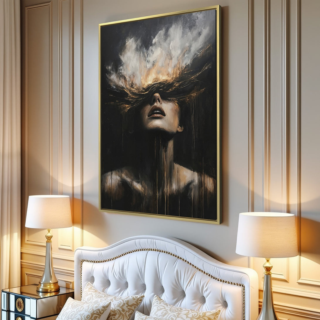 Canvas Print of a woman's face with abstract art, dark and gold tones, modern style, perfect for home decor.