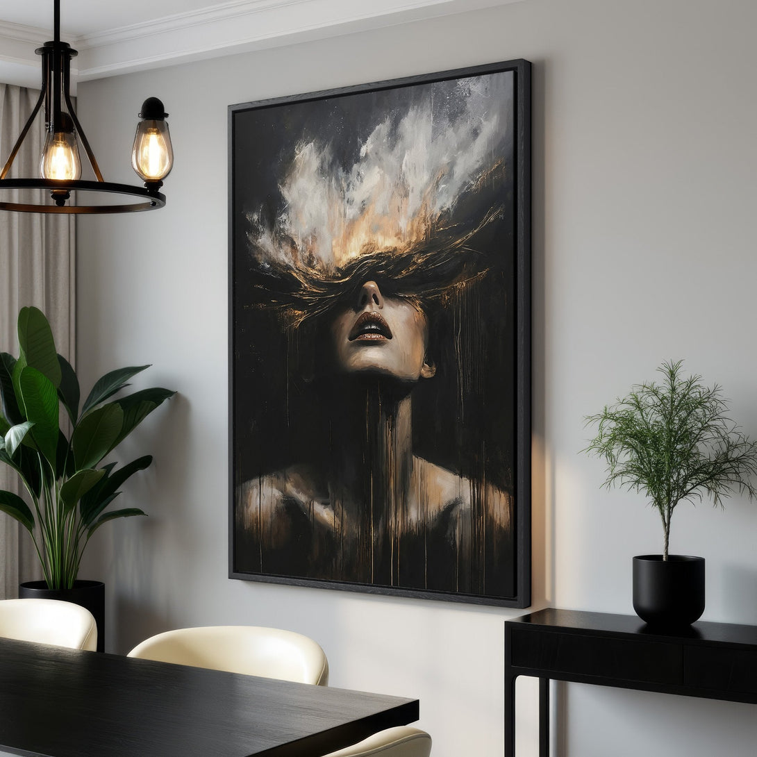 Framed Wall Art featuring an abstract portrait in a dark, moody style with a black, white, and gold color palette. Enhance your space with this stunning canvas print!