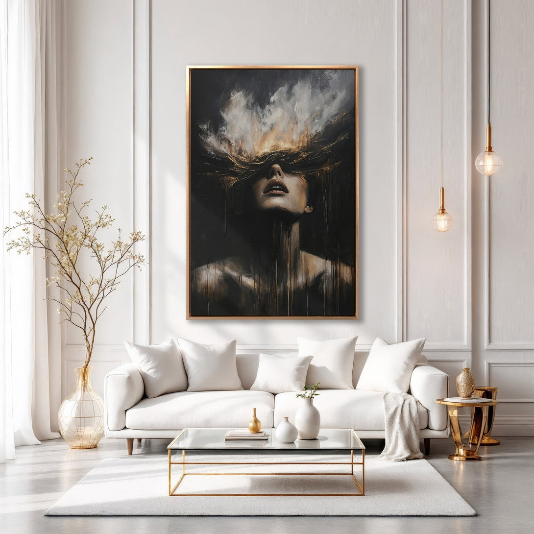 Framed Wall Art: Abstract portrait in black, gold, and white. Modern art canvas print adds elegance to a living room interior. Shop now!