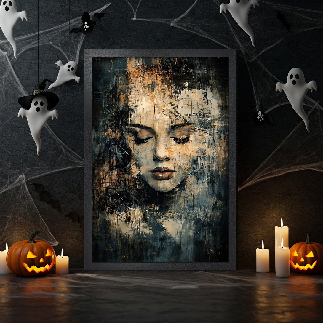 Framed Poster of a woman's face in abstract style, with a moody blue and gold color palette. Perfect Halloween decor!