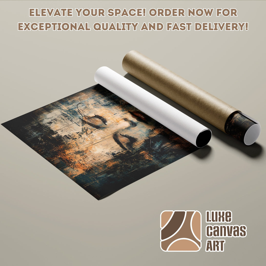 Abstract art poster roll, featuring a face in a dark, warm color palette. Elevate your space!