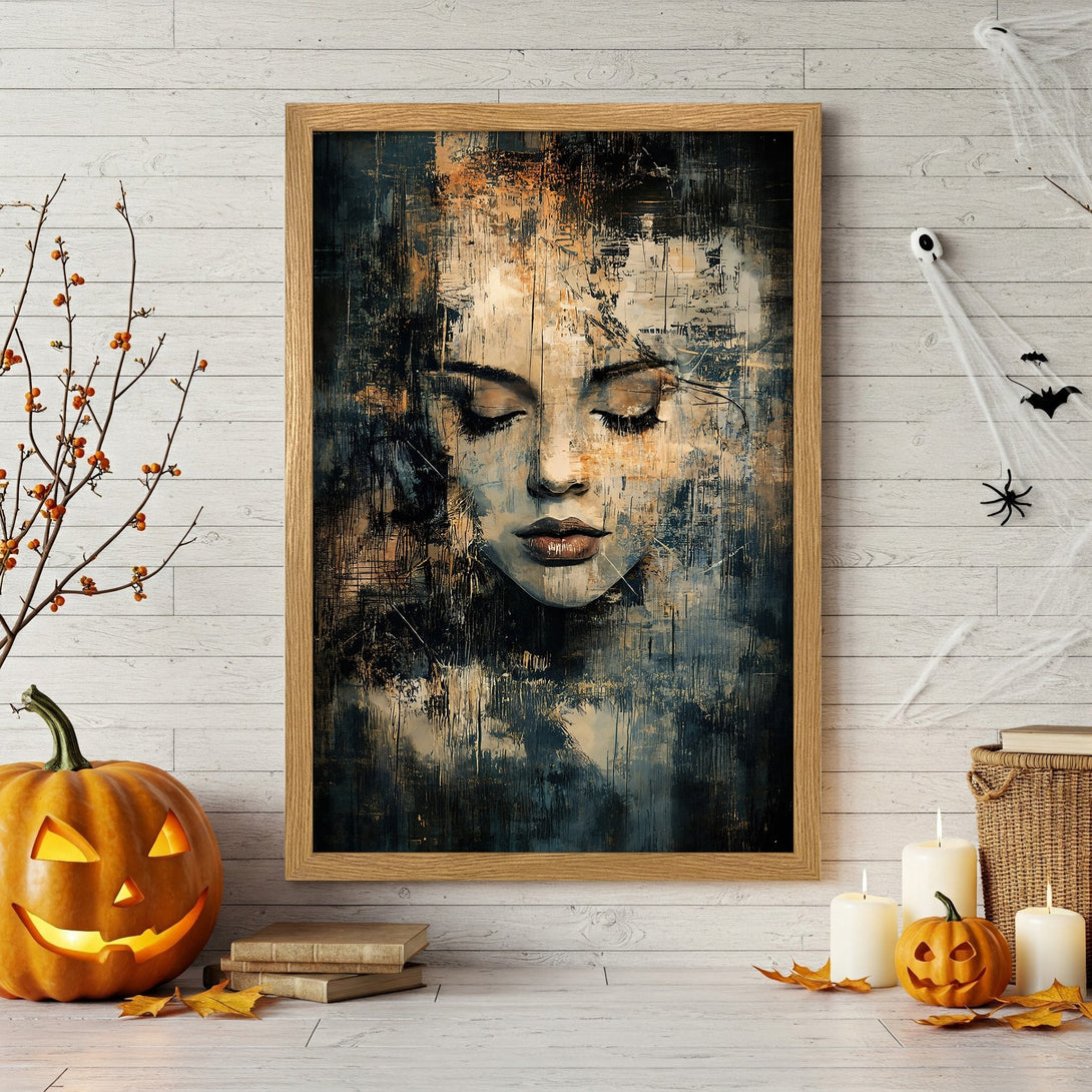 Framed Poster featuring a woman's face in abstract style with dark blue and gold tones. Perfect for Halloween decor!