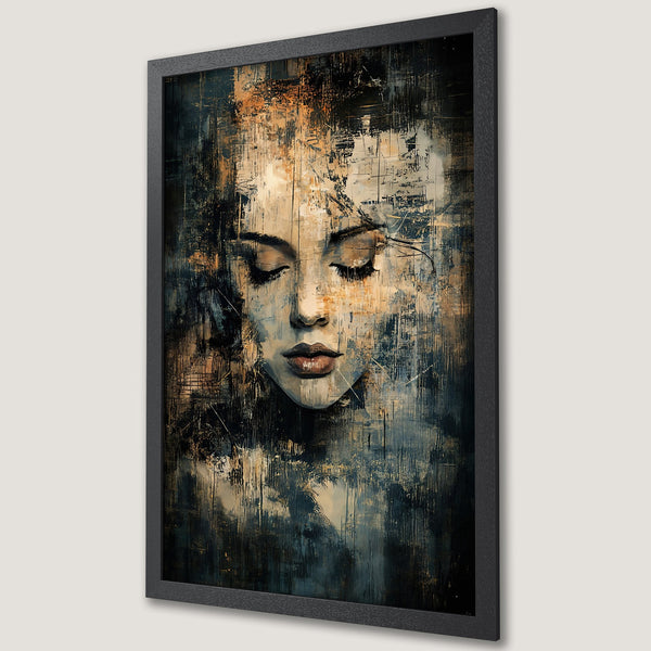 Framed Poster of a woman's face in an abstract style, with a dark blue, gold, and beige color palette. Perfect for adding art to your home!