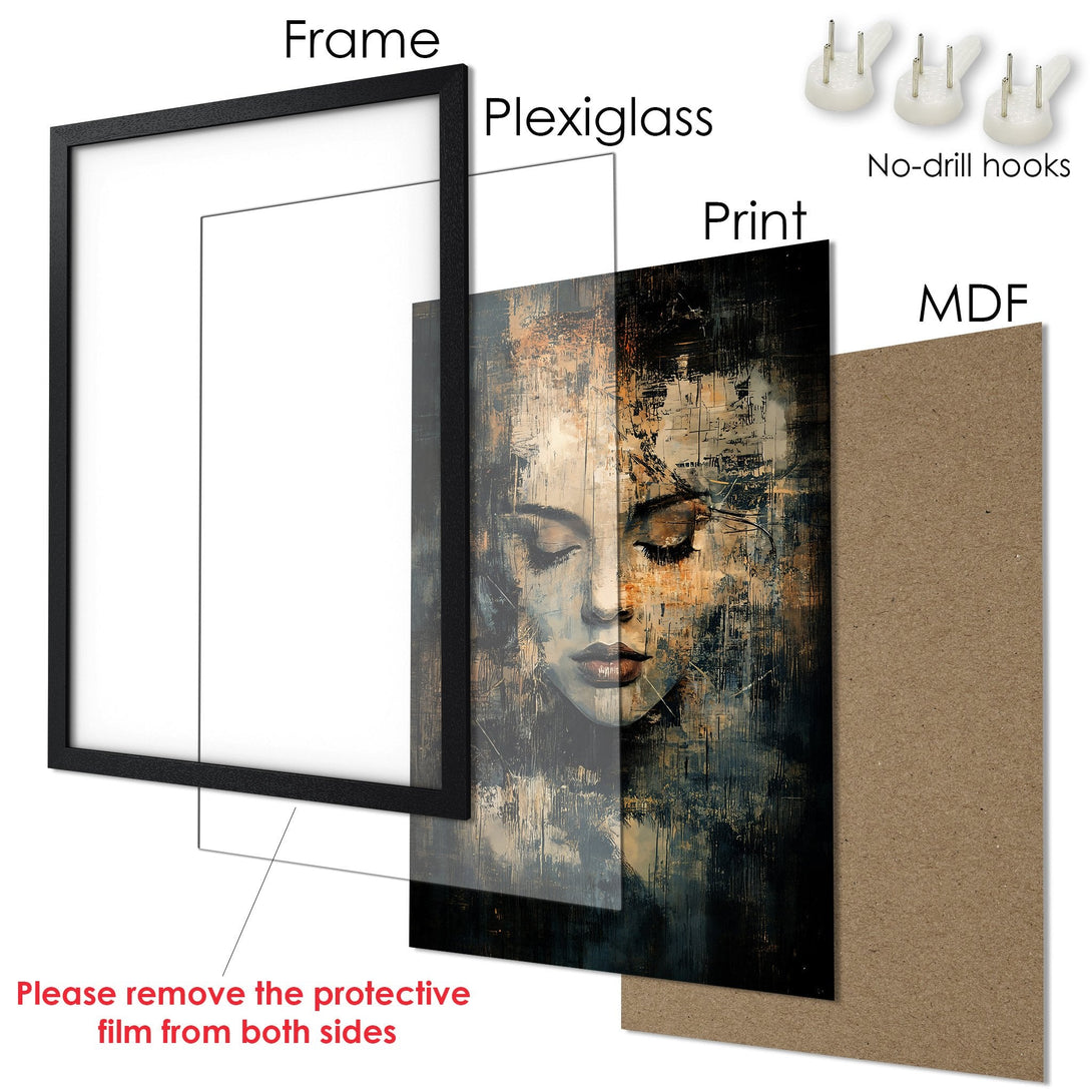 Framed Poster featuring an abstract woman's face in a dark, artistic style with a neutral color palette. Perfect wall art!