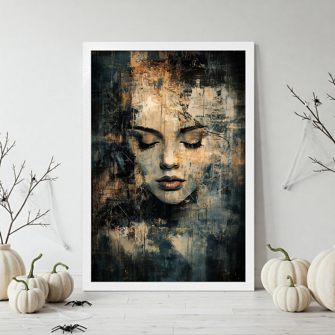 Framed Poster featuring a woman's face in abstract style with a dark, moody color palette. Perfect wall art for your home!