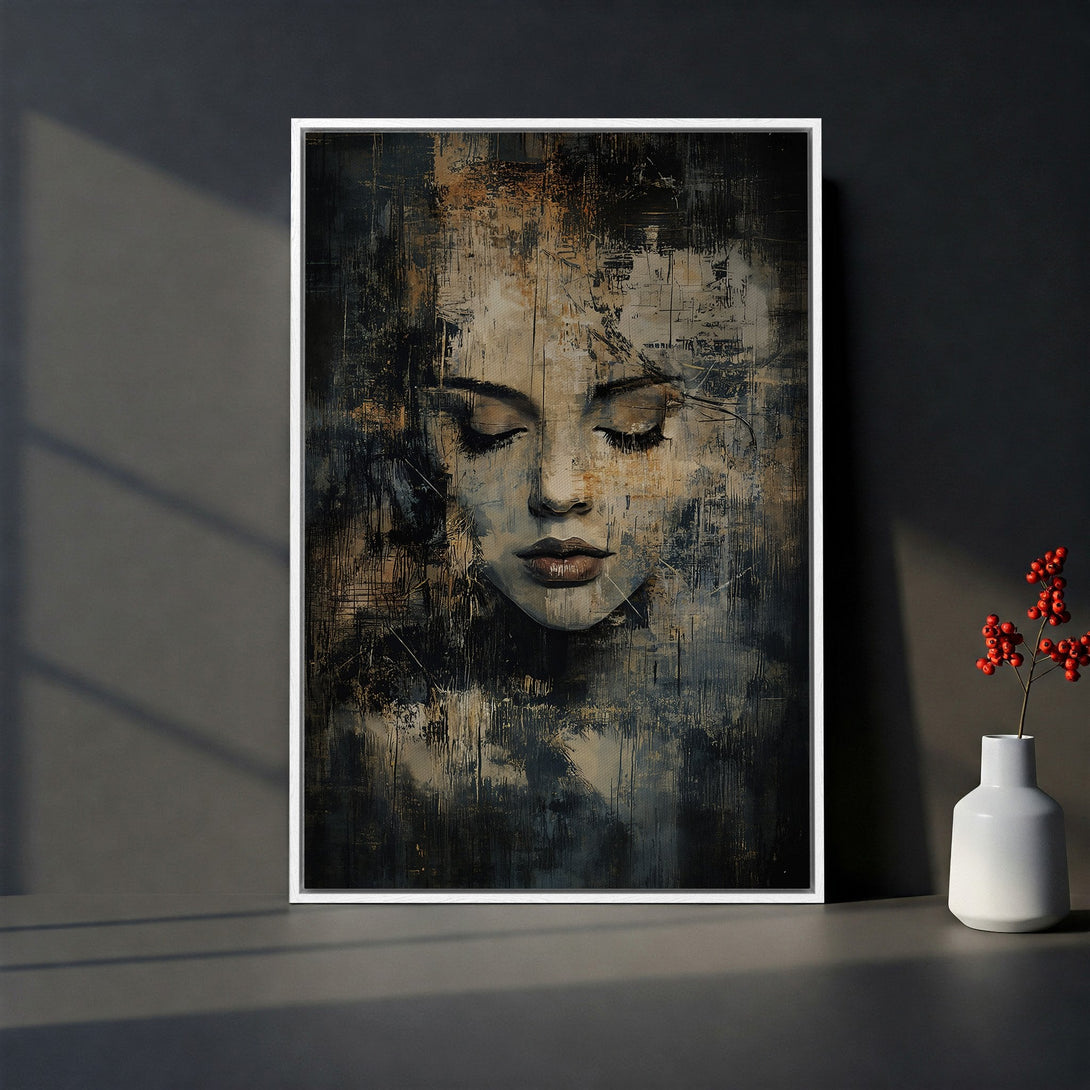 Framed Wall Art: Abstract portrait in muted tones. Canvas Print features a woman's face with a moody, textured effect in blacks, browns, and creams. Elevate your space!