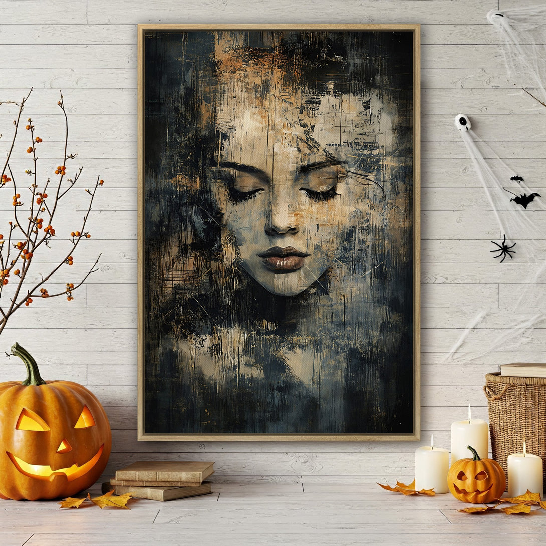 Framed Wall Art featuring an abstract portrait in a moody, dark color palette. Perfect for adding a touch of artistic elegance to your space.
