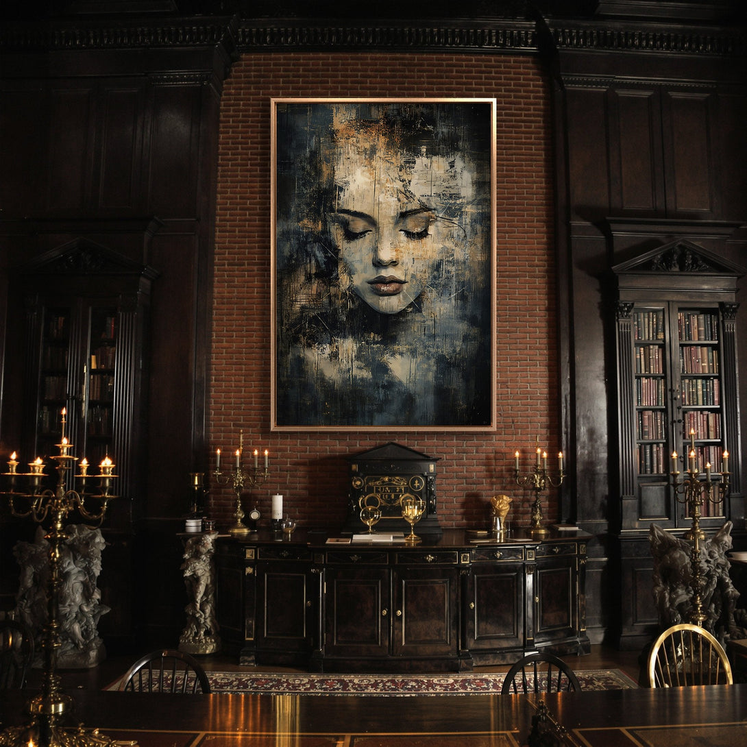 Framed Wall Art featuring an abstract portrait in a moody, blue and gold palette. Elevate your space with this stunning Canvas Print!