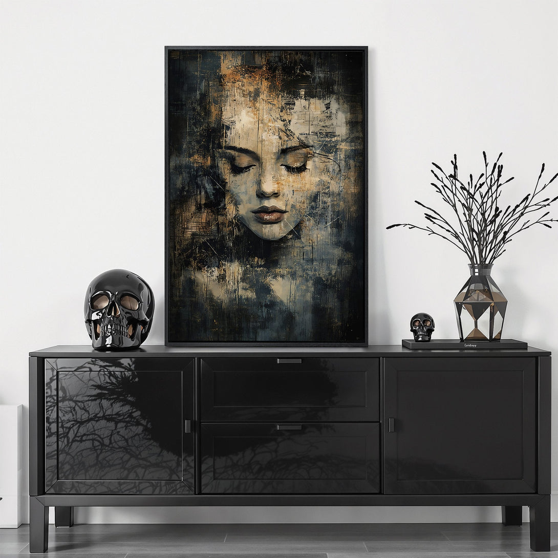 Framed Wall Art featuring an abstract portrait of a woman in a dark, moody style. Earthy tones and cool blues create a captivating, artistic statement.