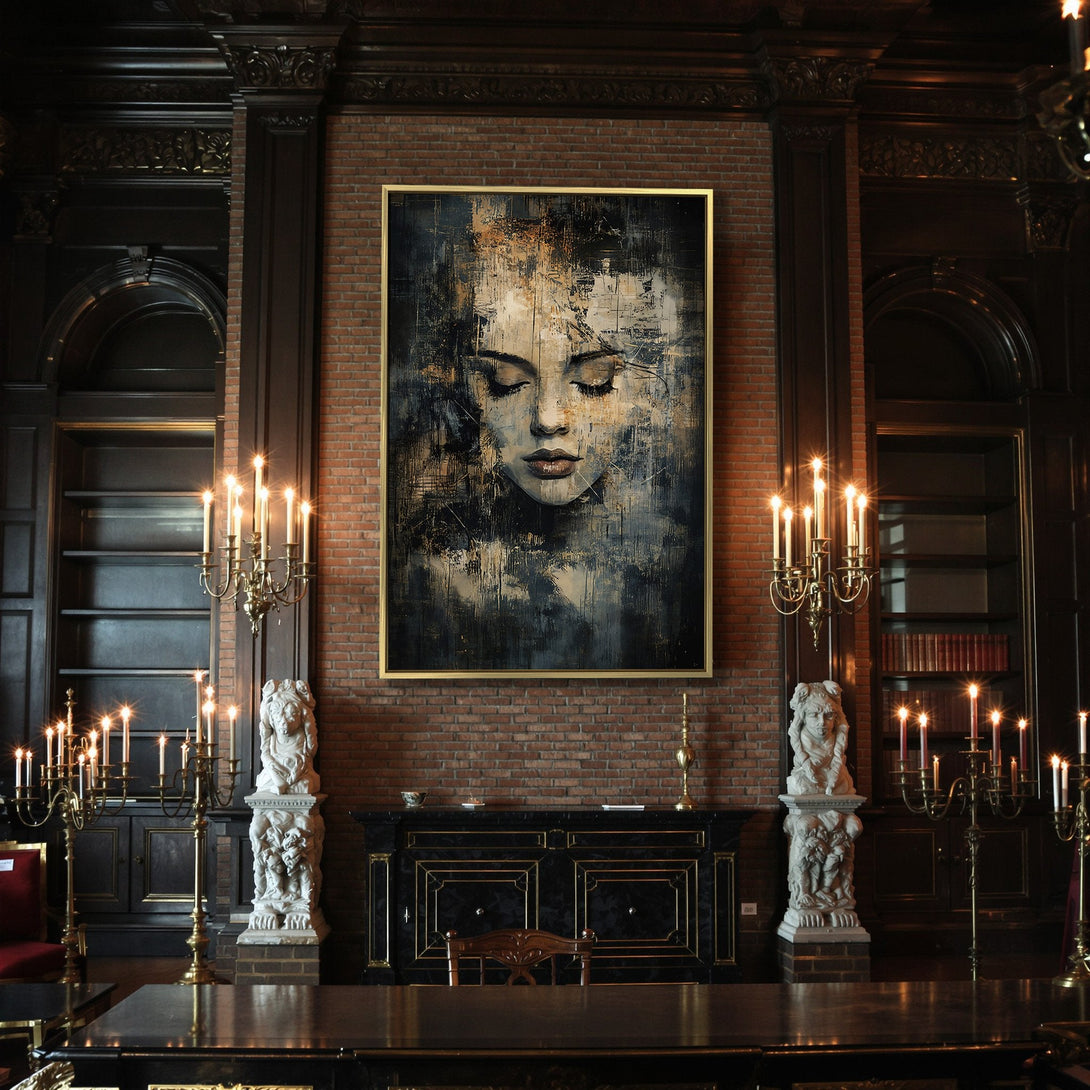 Canvas Print featuring a woman's face in an abstract style with a moody blue, gold, and beige color palette. Perfect for gothic decor.