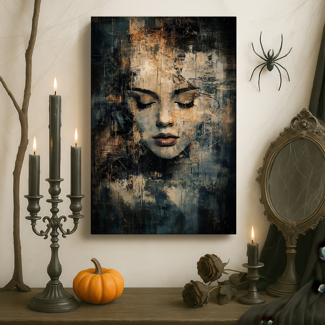 Framed Wall Art featuring an abstract portrait of a woman. Earthy tones with gold accents create a sophisticated, moody aesthetic. Perfect for any room!