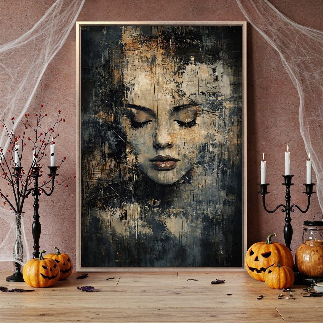 Framed Wall Art featuring a woman's face in abstract style. Moody color palette with black, gold, and neutral tones. Perfect for adding a touch of elegance.