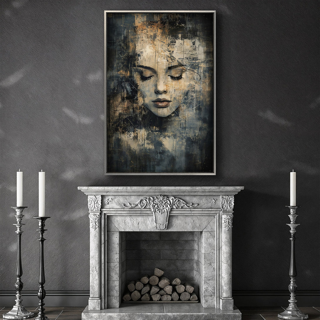 Framed Wall Art: Abstract portrait Canvas Print in moody blues & gold tones. Modern art for a sophisticated interior. Shop now!
