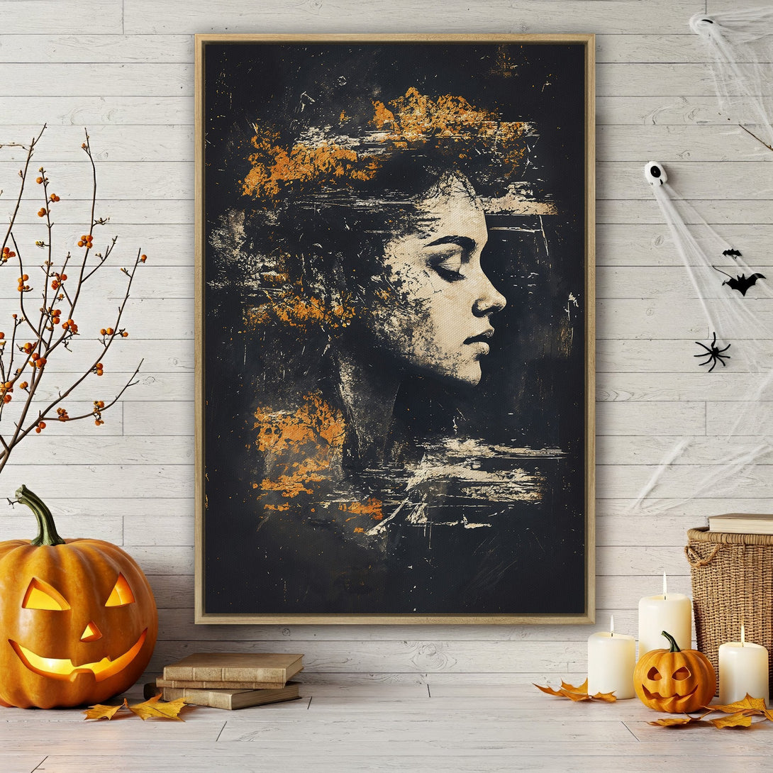 Framed Wall Art: Abstract portrait in black, gold, and cream tones. Modern art canvas print perfect for adding a touch of elegance to your home decor.