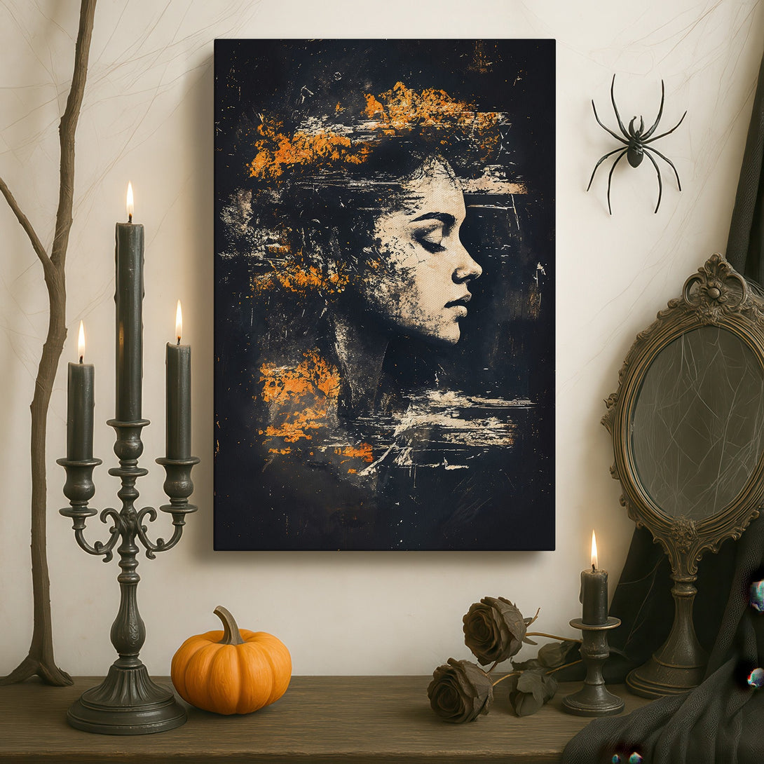 Framed Wall Art featuring an abstract portrait in a dark, moody style with gold accents. Perfect for adding a touch of elegance to any interior.