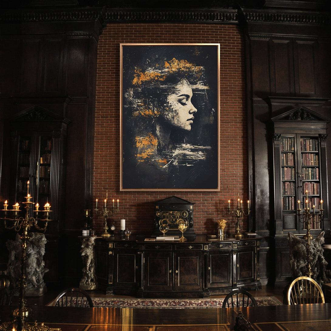 Framed Wall Art: Abstract portrait Canvas Print with gold accents, displayed in a dark, moody interior. Dramatic black, white, and gold color palette.