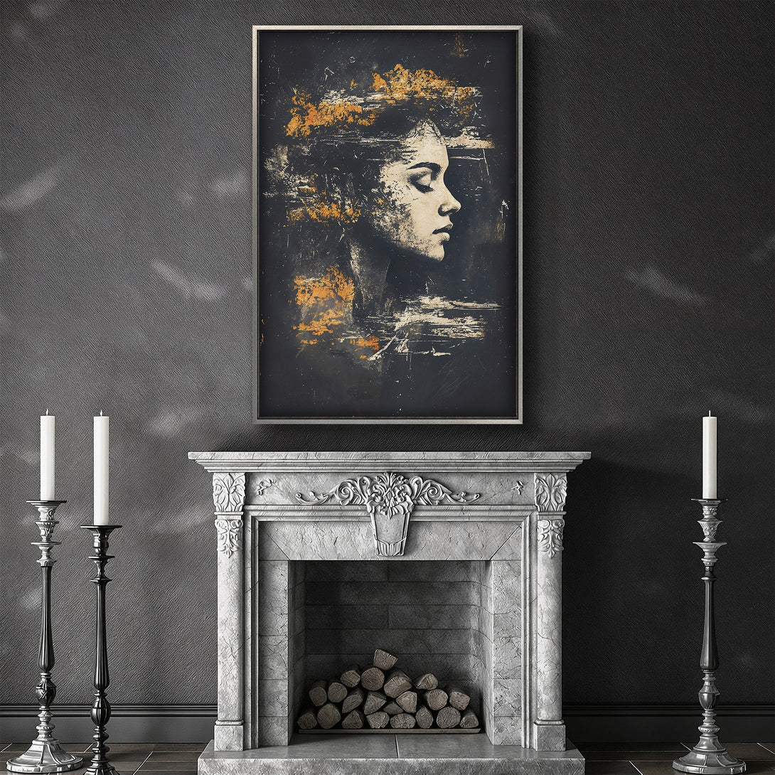 Framed Wall Art featuring an abstract portrait in a dark, moody palette with gold accents. Perfect for adding sophistication to any space.
