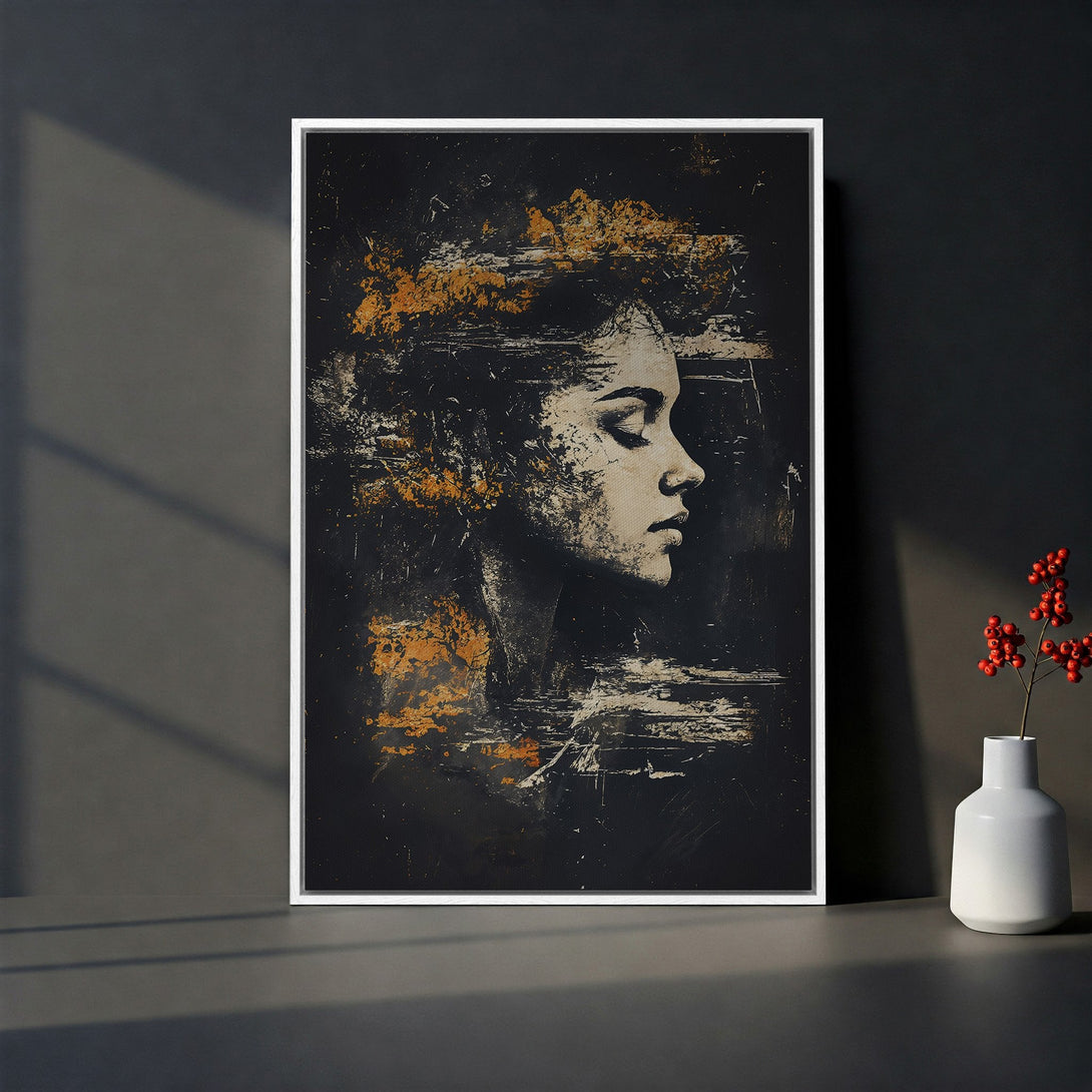 Framed Wall Art: Abstract portrait canvas print in black, gold, and white. Modern art for your home decor.