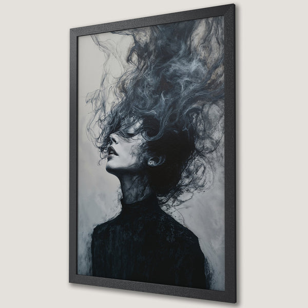 Framed Poster featuring a woman with flowing hair in a dramatic, monochrome style. Perfect wall art for a modern aesthetic.