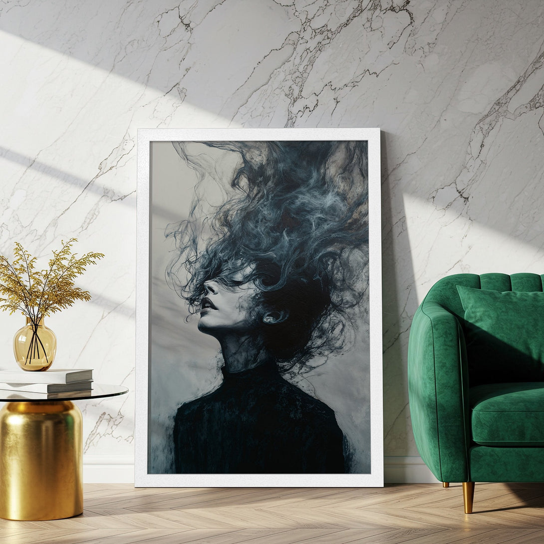 Framed Poster featuring a woman with flowing hair, artistic style, in a moody black and white color palette. Perfect wall art!
