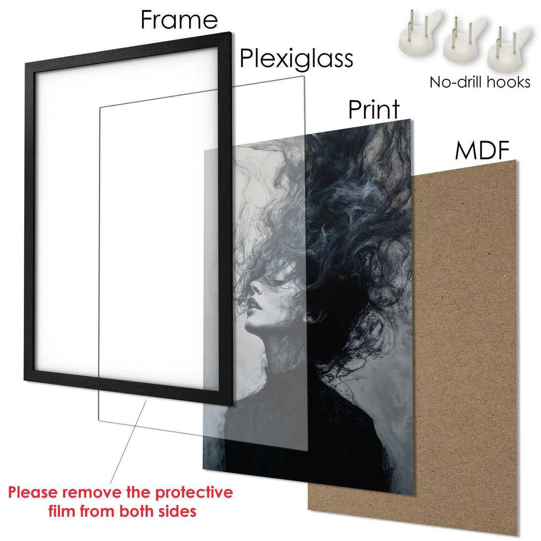 Framed Poster featuring a woman's portrait in a grayscale, artistic style. Modern wall art with a moody, elegant aesthetic.