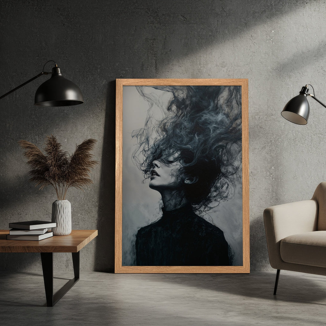 Framed Poster featuring a woman with flowing hair, artistic style, and a grayscale color palette. Add a touch of art to your space!