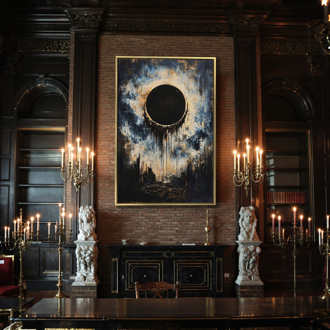 Abstract Canvas Print with dark blue, gold, and black color palette. Dramatic art for your Halloween decor.