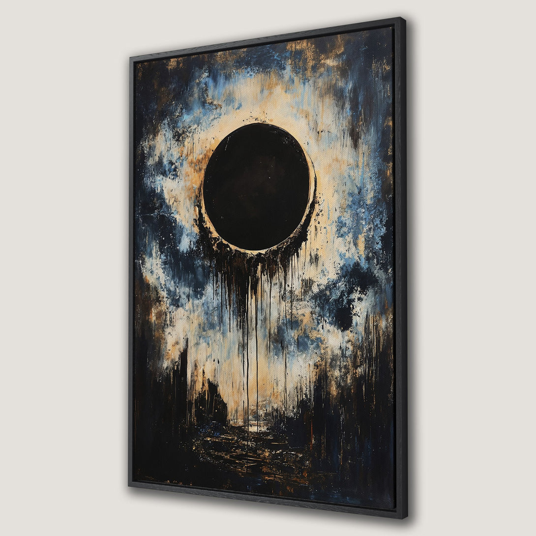 Framed Wall Art: Abstract painting with a black circle, dripping effect, and a moody blue, gold, and black color palette. Perfect for modern home decor.