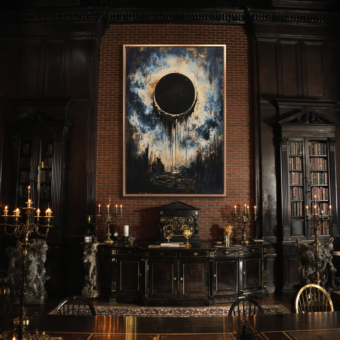 Framed Wall Art: Abstract black hole painting on canvas. Dark blue, gold, and white color palette. Perfect for adding a touch of mystery to your space.