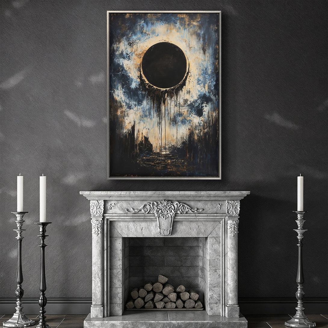 Framed Wall Art featuring an abstract black circle painting with a moody blue and gold color palette, perfect for adding a touch of modern art to your home.