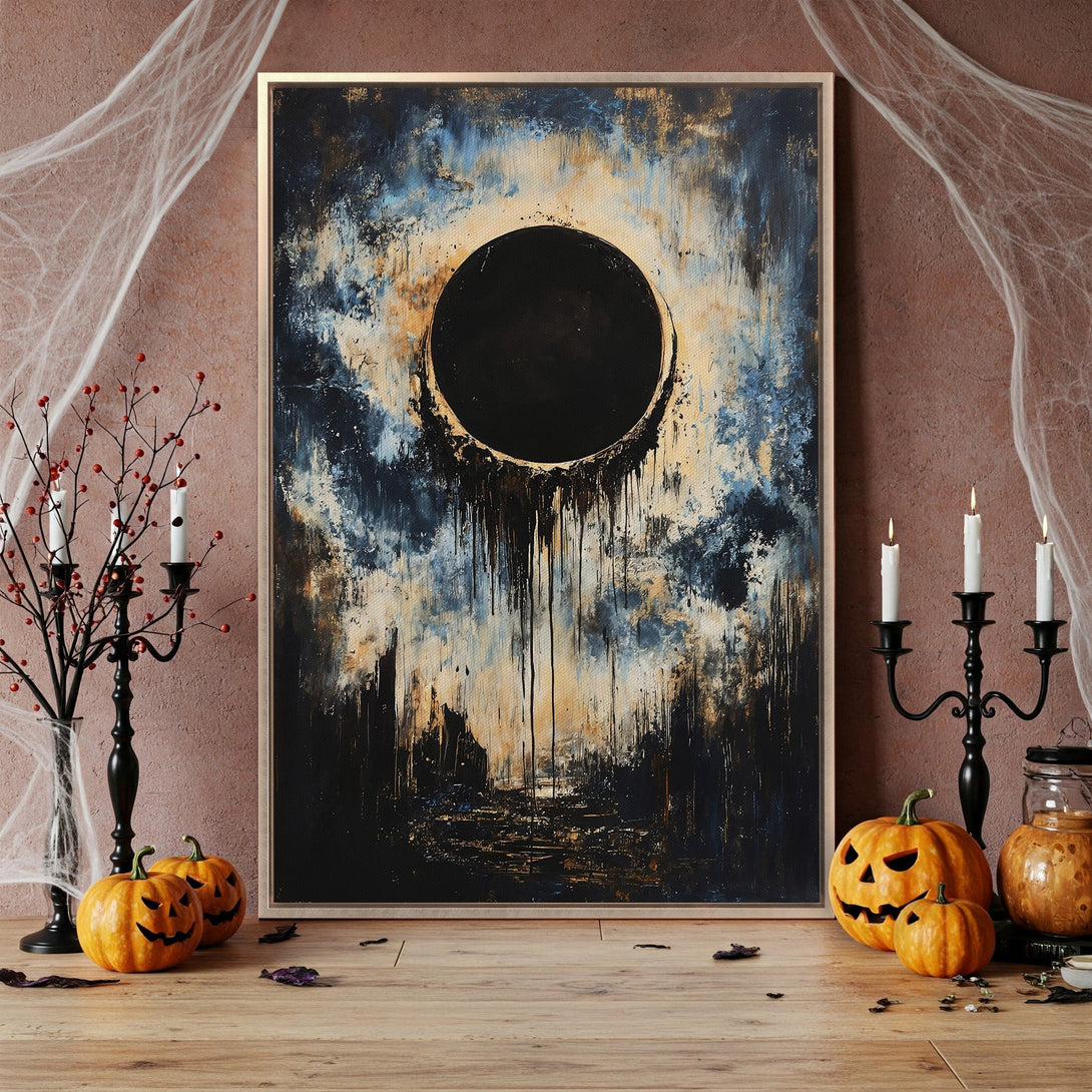 Framed Wall Art: Abstract eclipse painting in moody blue, black, and gold tones. Perfect Halloween decor, adding a touch of modern art to any space.