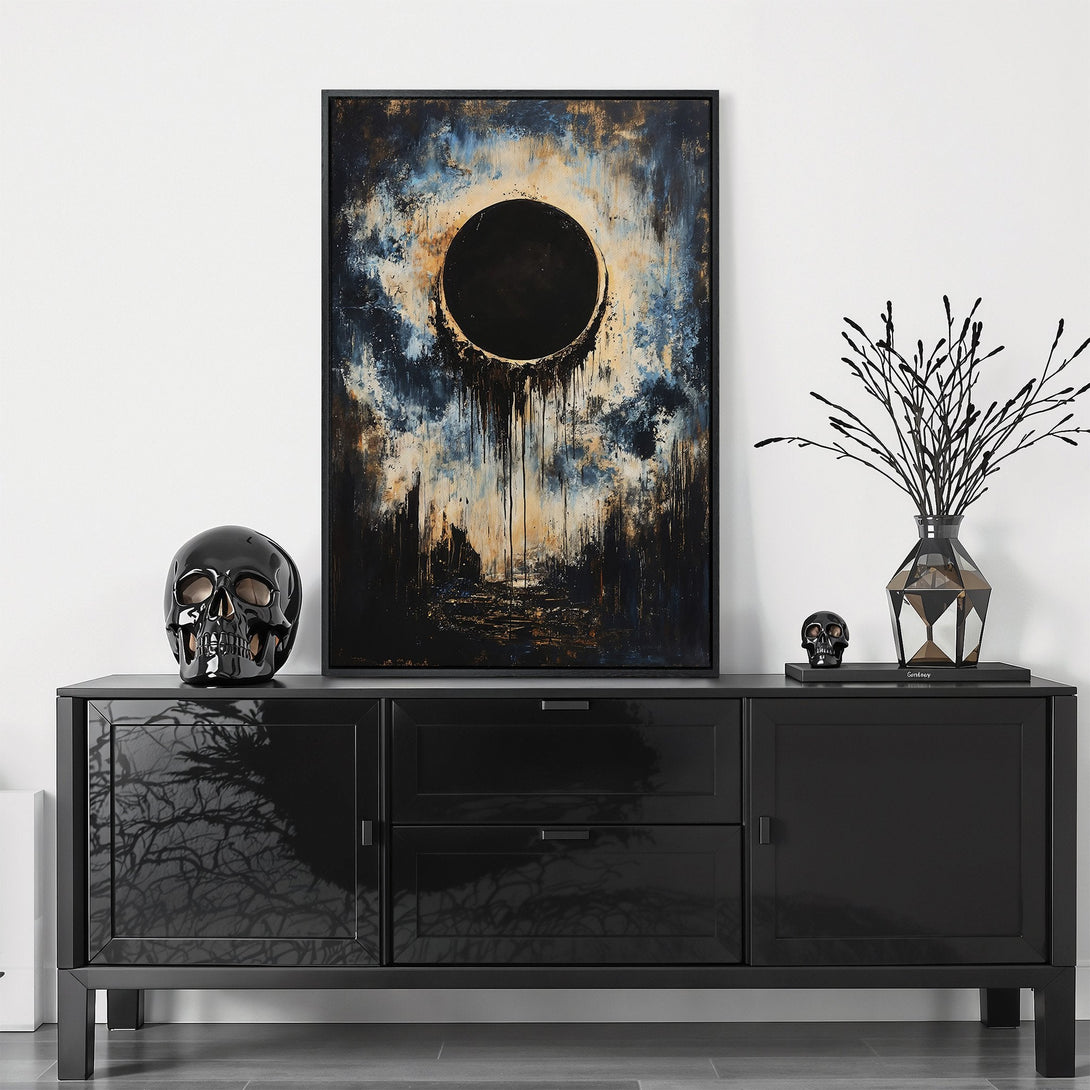 Framed Wall Art: Abstract painting with dark circle, blue, black, and gold color palette. Modern art for home decor.