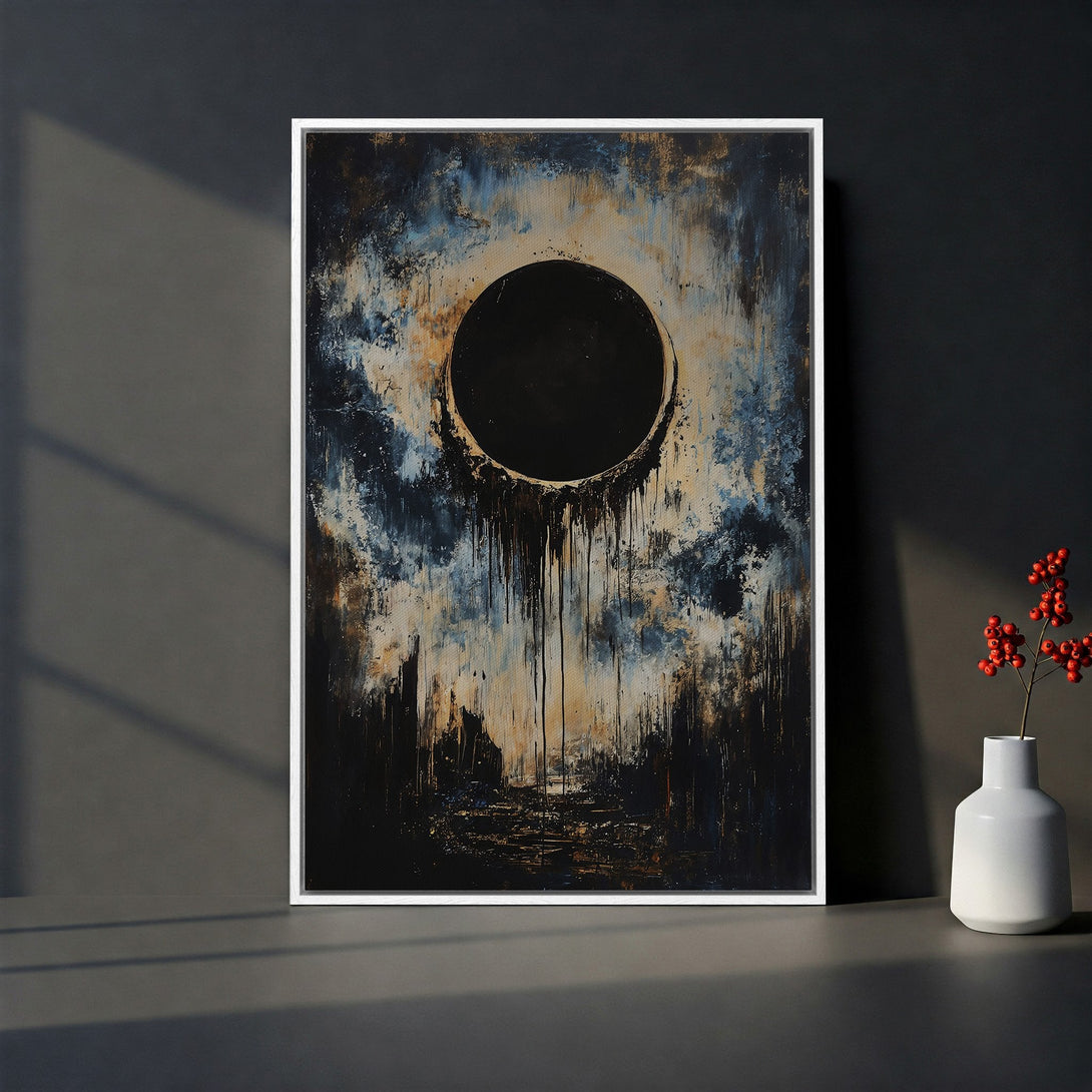 Framed Wall Art: Abstract black circle painting with blue and gold accents. Modern art canvas print for stylish home decor.