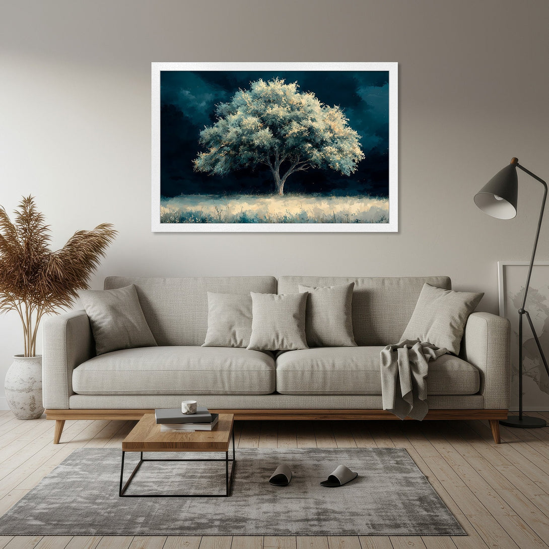 Framed Poster of a serene tree painting in a dark teal and neutral color palette, perfect for modern decor.