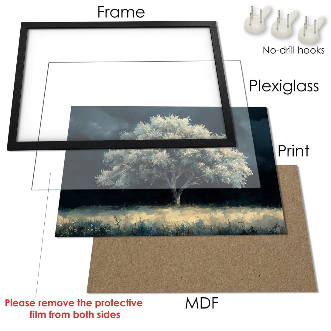 Framed Poster of a serene tree in a dark, moody style. Featuring a cool, muted color palette. Perfect wall art!