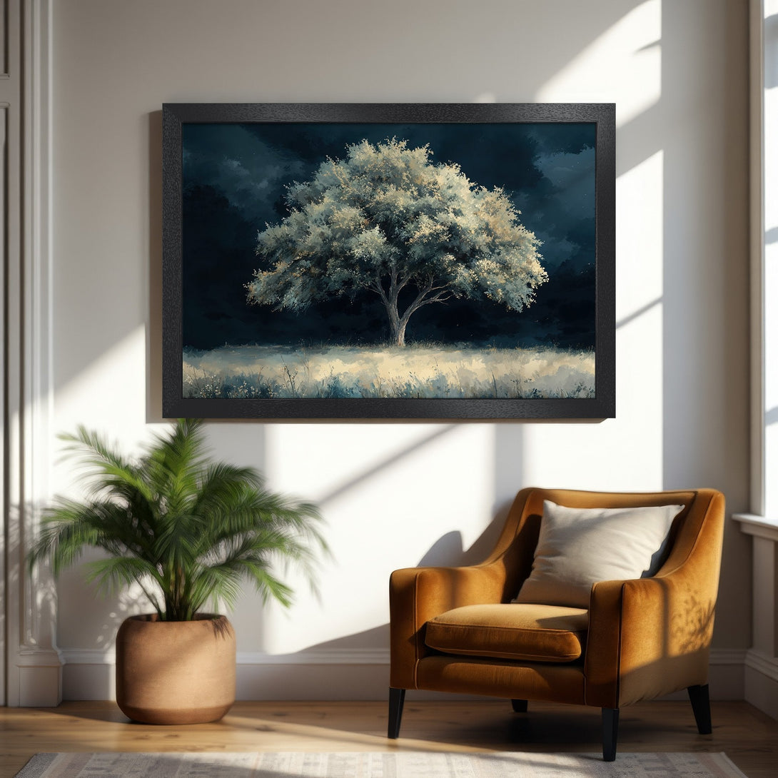 Framed Poster featuring a serene tree landscape in muted blues, whites, and greens. Perfect art for home decor.