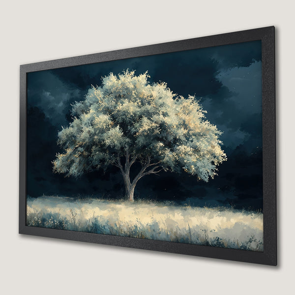 Framed Poster featuring a serene tree in a painterly style with a dark blue and cream color palette. Perfect wall art for any room.