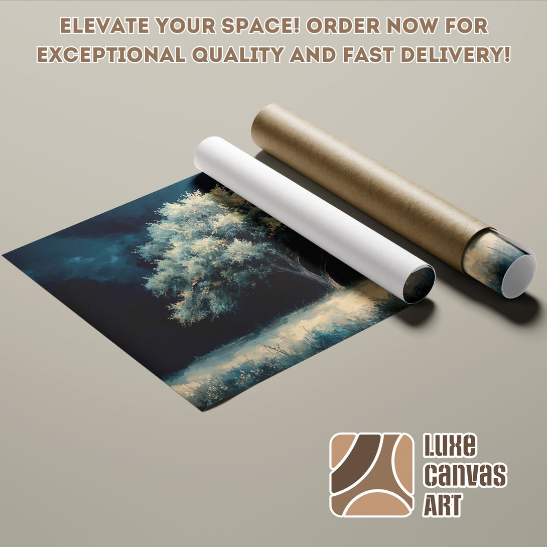 Poster Roll of a serene tree painting in a blue and beige palette. Elevate your space!