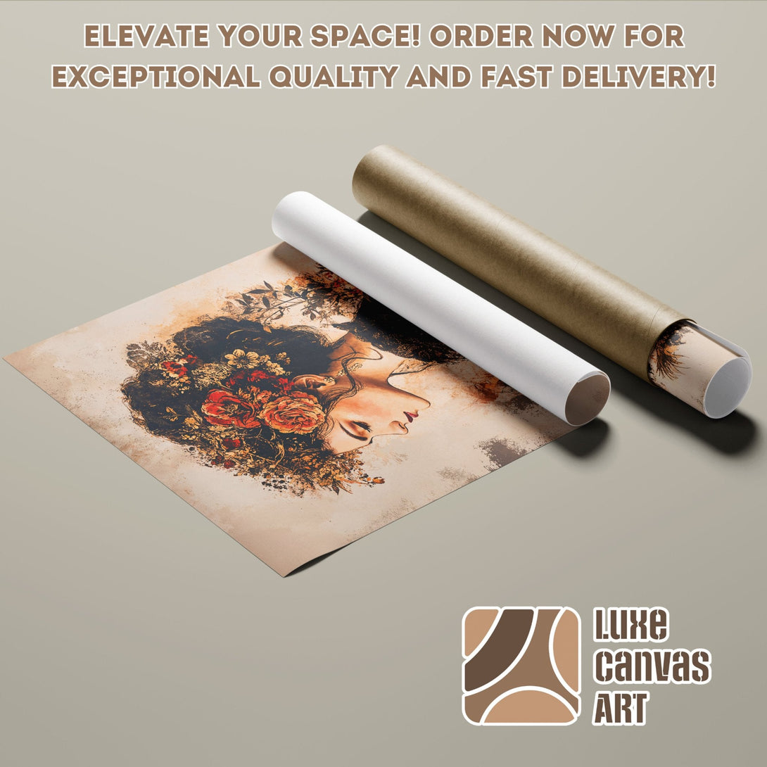 Poster Roll featuring a woman with floral hair, warm color palette, perfect for your space!