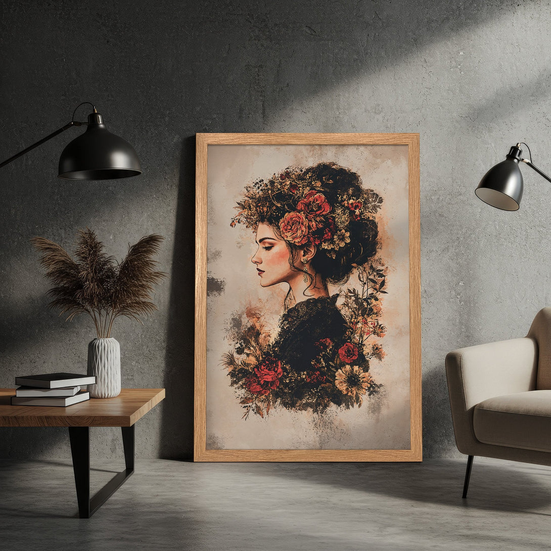 Framed Poster featuring a woman with floral headdress, artistic style, warm color palette. Perfect wall art for your home!