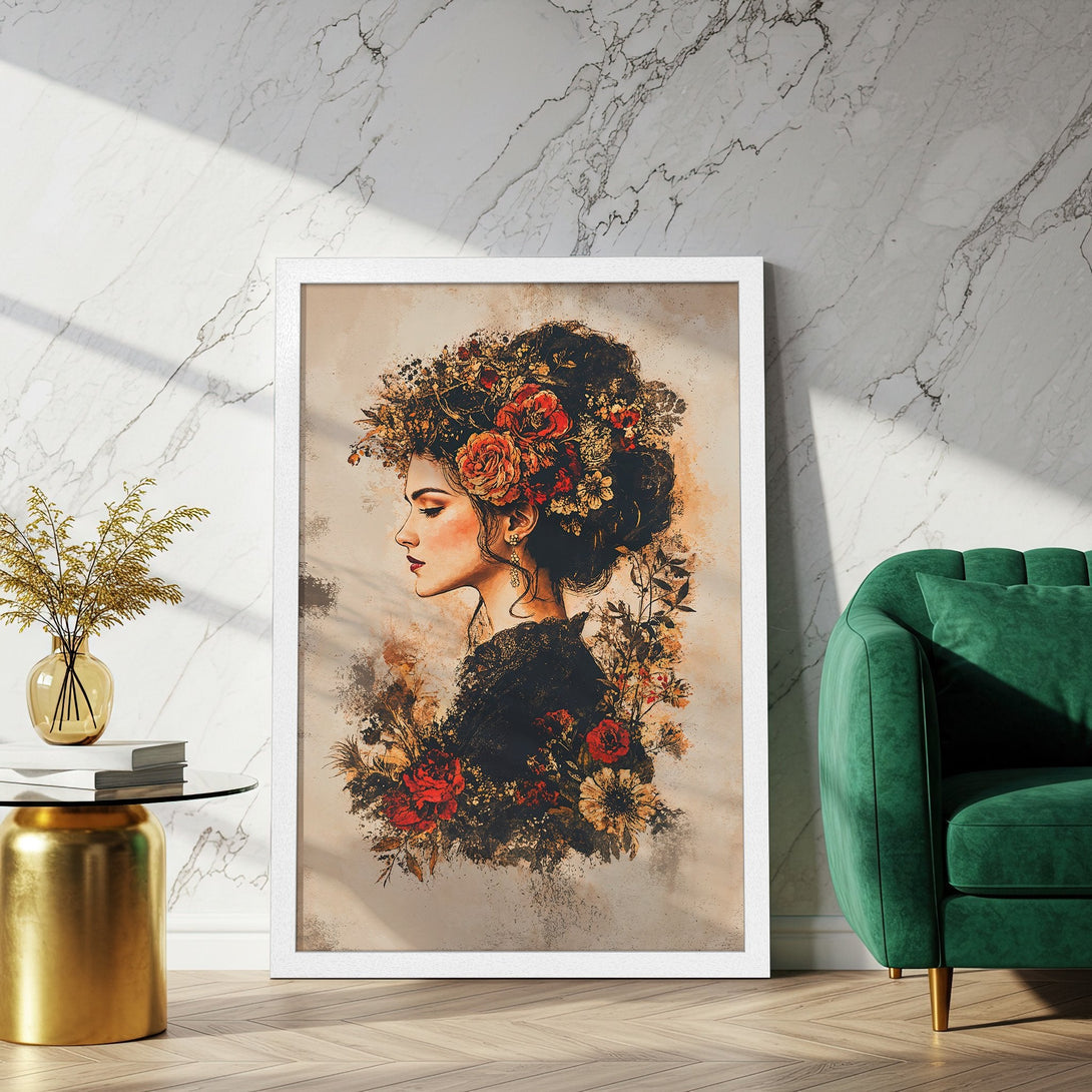Framed Poster featuring a woman with floral crown, vintage style. Earthy tones with pops of red and gold. Perfect wall art!