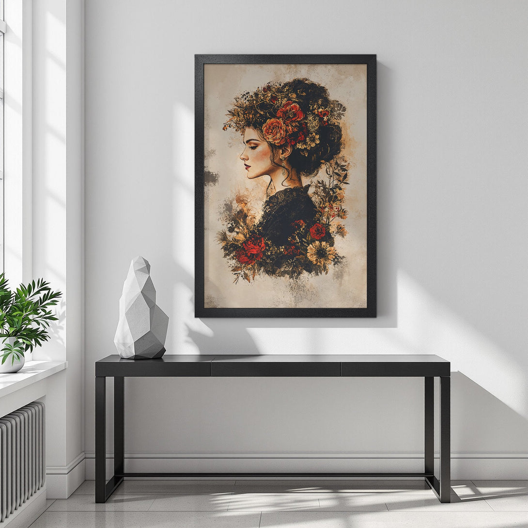 Framed Poster featuring a woman with floral headdress, vintage style, warm color palette. Perfect wall art for your home.