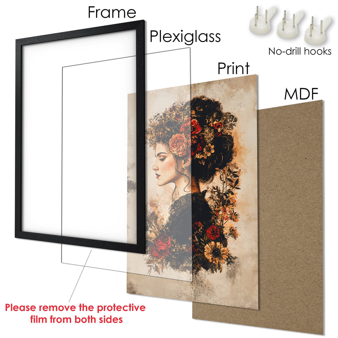 Framed Poster featuring a woman with floral hair, vintage style, warm earthy tones. Perfect wall art for your home.