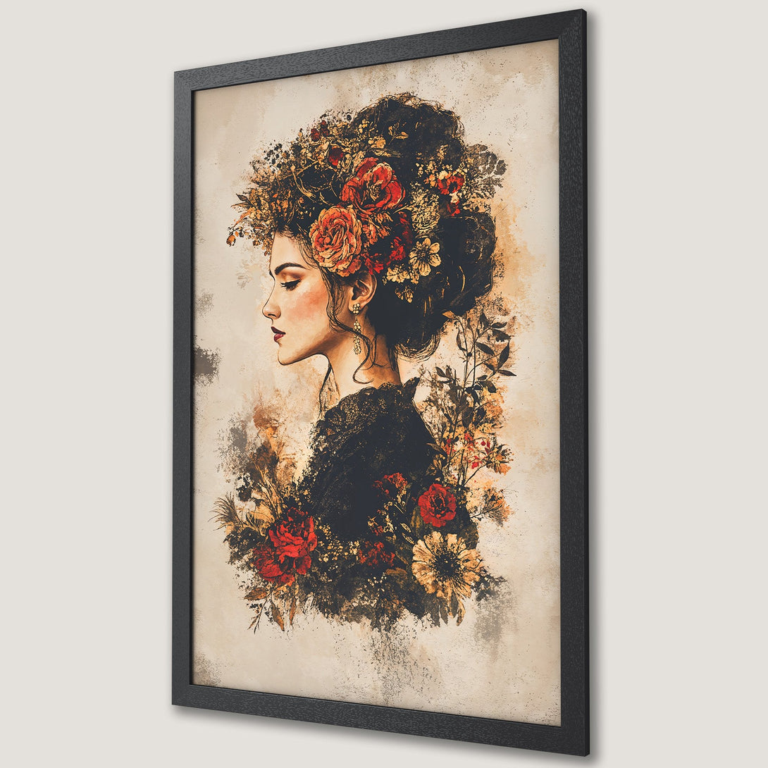 Framed Poster featuring a woman with floral headdress, vintage style, warm earthy tones. Perfect wall art for home decor.